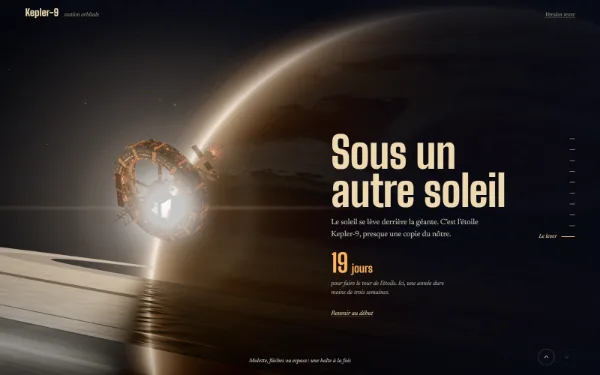 Capture de la démo Kepler-9 : la station orbitale à contre-jour, le soleil qui se lève derrière la planète géante, et le titre « Sous un autre soleil ».