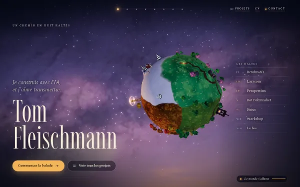 Capture du portfolio de Tom : une petite planète en 3D sur un ciel étoilé, son nom en grand et la liste des huit haltes.